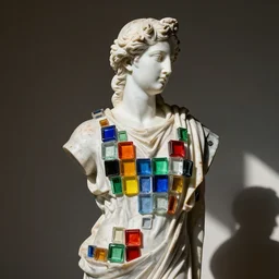 “Apollo statue, glued of color glass cubes, 4k photo, great light and shadows”