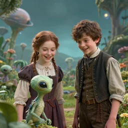 a girl and a boy standing next to some alien plants, looking happy, wearing 1850s era clothes, they are playing with their small pet alien creature, in a park on a alien planet, extremely high details, ultra realistic facial details, in focus faces, ultra photorealistic raytracing, octane render, 8k