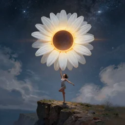 giant white daisy flower covering head, girl dancing on cliff, surreal photography, solar eclipse, milky way, dramatic light, impressionist painting, clouds, digital painting, artstation, james gilleard, liam wong, jeremy mann, simon stalenhag