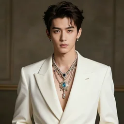 a photographic character model design of a very handsome young man wearing excessive jewelry in an ornate and elegant way