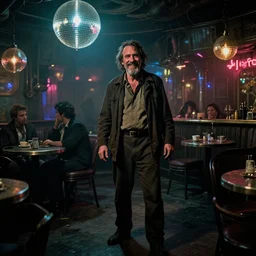 the full - body shot of grinning wrinkled unkempt detective ( ( ( joaquin phoenix ) ) ) with mutton chops beard investigating the crime scene in dark steampunk fallout disco bar, cinematography of christopher doyle, frostpunk, neon gloomy light, discoball reflections, anamorphic, optical flares, kodak film, insanely detailed, 8 k