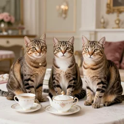 three tabby cats attend a fancy english tea party, photorealistic