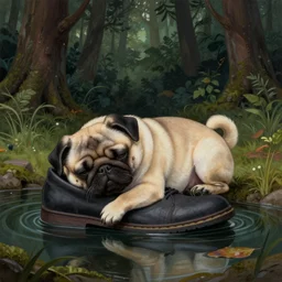 adorable pug sleeping on a shoe in a pond in a dark forest, detailed illustration painted by james jean and fernando botero