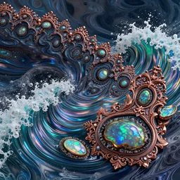 deep rich colors, iridescent opal mandelbrot waves, art nouveau cresting, nebula slick waves, hyperdetailed bubbles in a shiny iridescent slick wave, rainbows, black opal, abalone, paua shell, ornate copper patina medieval ornament, rococo, organic rippling spirals, octane render, druzy geode, cresting waves seafoam