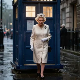 Queen Elizabeth II walking out of the Tardis on a dark rainy London street, Ralph McQuarrie