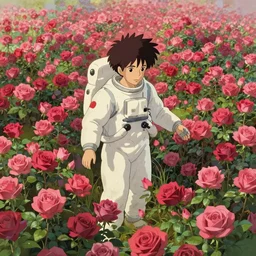 an astronaut in a dreamy sea of roses, style of studio ghibli, high resolution, highly detailed by shinkai makoto, trending on art - station