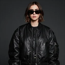 detailed attractive characther portrait of lilly collins wearing oversized leather puffy black bomber jacket and waring sunglasses, realistic, wide angle, dramatic light 8 k