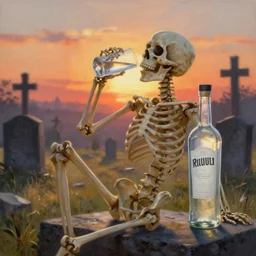 skeleton dreaming of life  drinking vodka, graveyard background , empty botte of vodka , backlight sunset artstation painting by greg rutkowski