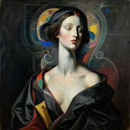 epic concept art. abstract female supermodel face and decollete silhouette portrait mixing with black and color silk blankets. abstract sculpture. art deco swirls. particles simulation, vfx, cinema 4 d, tyflow. epic masterpiece, michelangelo. 1 7 th century french painting. classicism concept art, matte painting. greg rutkowski, wlop, victo ngai, kandinski