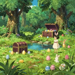 a colorful easter land with a pond, beautiful ancient trees, hiding large treasure chest, serene evening atmosphere, soft lens, soft light, cel - shading, animation, in the style of cgsociety, deviantart, artstation, zbrush, cinema 4 d, studio ghibli, akihiko yoshida, atelier lulua, masamune shirow
