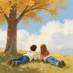 landscape pastel of tiny young man with long brown hair and woman with long light brown hair, laying under a tree looking at clouds autumn, ( ( ( wearing jeans ) ) )