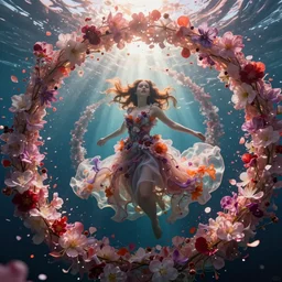 Triss Merigold in a swirling sundress of flowers, underwater, floral explosion, radiant light, vortex of plum petals, by WLOP, Beeple and artgerm, artstation, deviantart