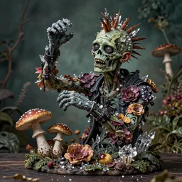 hyper - realistic portrait of a punk rock zombie turning into flowers fruit and mushrooms, covered in crystals and glitter, botanical background, vanitas, still life, atmospheric lighting, sculptural, highly intricate detail