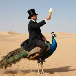 portrait of a respectable dignified royal business elite politicians in top hats and coat tails riding on peacocks in the sahara desert throwing vanilla icecream cones at each other, art by anders zorn, wonderful masterpiece by greg rutkowski, beautiful cinematic light, american romanticism by greg manchess, jessica rossier