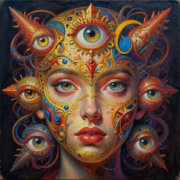 intricate five, oil on canvas, hdr, high detail, photo realistic, hyperrealism, surrealism, cinematic, matte finish, high contrast, 3 d depth, centered, masterpiece, vivid and vibrant colors, enhanced light effect, enhanced eye detail, artstationhd