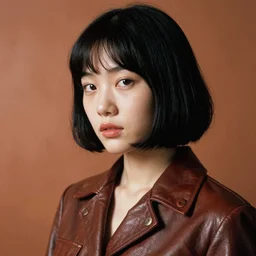 ektachrome, 3 5 mm, highly detailed : incredibly realistic, youthful asian demure, perfect features, feminine cut, beautiful three point perspective extreme closeup 3 / 4 portrait photo in chiaroscuro style 1 9 7 0 s frontiers in flight leather suit cosplay vogue fashion edition, nick night, show studio, copper background, natural relaxed pose