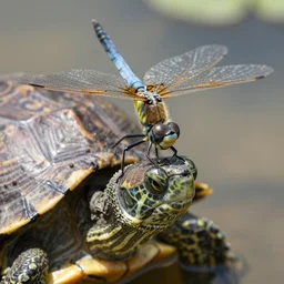 photo of dragonfly on the head of a turtle, 5 0 mm, beautiful photo
