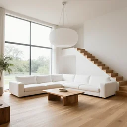 Minimalistic Livingroom with a staircase, wooden floor, white L shaped couch, wooden coffee table, Big chandelier, Big Windows,