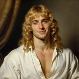 beautiful portrait painting of He-Man with long curly blond hair, delicate young man wearing an open poet shirt smiling sleepily at the viewer, symmetrically parted curtain bangs, in love by Peter Paul Rubens and Norman Rockwell