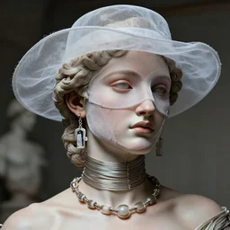 a beautiful futuristic portrait with hat made by wires and gauze twisted around her face and mask some part of the face, necklace made by wires, earing made by plactic, design by leonardo davinci, inspired by michael angelo, modern art, baroque, jewelry, new classic, hyper realistic, highly detailed, cinematic composition, cinematic lighting, fashion design, concept art, hdri, 4 k