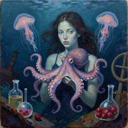 a dark underwater portrait, a female art student holding an octopus, jellyfish, shipwreck, berries, scientific glassware, neo - expressionism, surrealism, acrylic and spray paint and oilstick on canvas