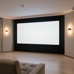 very wide view, a modern home movie theater with big screen, stylish sconces, old popcorn machine!, movie posters!, very happy, interior designed by kelly wearstler, rough color pencil illustration