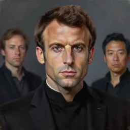 painting portrait of Emmanuel Macron dressed as Vitiate in Star Wars, sharp focus, waist up, trending on ArtStation, masterpiece, by Greg Rutkowski, by Ross Tran, by Fenghua Zhong, octane, clear eyes, soft render, clear facial features, oil on canvas, moody lighting, cinematic, professional environment concept art