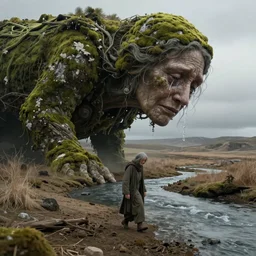 Scene of a giant 65 year-old Gaia covered in moss, crying softly and humbly while crossing a dried up river in a panorama of a desolate land, highly-detailed, elegant, dramatic lighting, artstation, 4k, cinematic landscape