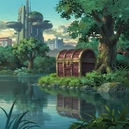 futuristic city with a pond, beautiful ancient trees, hiding large treasure chest, serene evening atmosphere, soft lens, soft light, cel - shading, animation, in the style of cgsociety, deviantart, artstation, zbrush, cinema 4 d, studio ghibli, akihiko yoshida, atelier lulua, masamune shirow