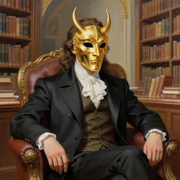 sitting aristocratic man in public library with golden demonic mask, acrilic paint, digital, artstation, detailed, intricate, ink, illustration, heavenly atmosphere