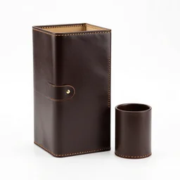 leather-bound sake set, 8k product photo, isolated on a pure white background, centered, entire object in frame, sharp focus, soft studio lighting