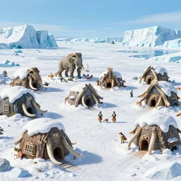 full color still of an Ice Age willage with houses made of mammoth tusks and mammoth fur, detailed practical effects, 150mm lens by Steven Spielberg, grainy 1985 cinematography