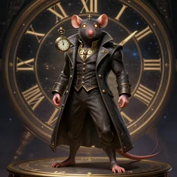 a highly detailed illustration of a anthropomorphic rat wearing a long coat, glowing eyes, dramatic standing holding pocket watch with chain pose, infinite space clock background, muscular, intricate, elegant, highly detailed, centered, digital painting, artstation, concept art, smooth, sharp focus, league of legends concept art, wlop