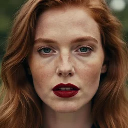 close up hald face portrait photograph of a redhead woman with deep navy eyes, deep red lipstick and freckles. Wavy long hair. she looks directly at the camera. Slightly open mouth, face covers half of the frame, with a park visible in the background. 135mm nikon. Intricate. Very detailed 8k. Sharp. Cinematic post-processing. Award winning portrait photography
