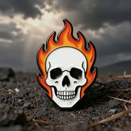 retro minimalistic scary clean skull with fire flame enamel pin