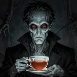 portrait of unseen lovecraftian horror having his / her cup of tea, defined neck and face, art style of todd mcfarlane