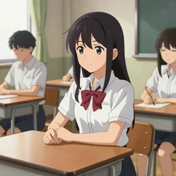 a beautiful girl with long dark hair, wearing a school girl uniform, sitting in class at a desk, Japanese style classroom, daytime, sharp focus, intricate, digital painting, artstation, official media, anime key visual, highly detailed, rich vivid colors, ambient lighting, illustration, art by Artgerm, Makoto Shinkai, Ilya Kuvshinov, Lois Van Baarle, and Rossdraws