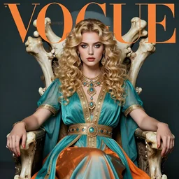 bust portrait of girl sitting on bones throne, persian empire costume, blonde, curly hair, clean face, provocative make up, symmetrical face, smooth skin, jewelry,, ecstasy, cute, fashion editorial photography, hyperrealistic, from vogue magazine, ultra realistic, reflections, color scheme teal and orange