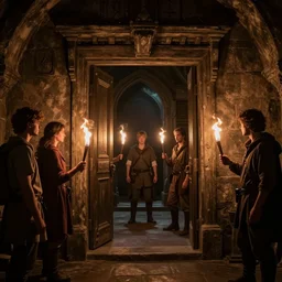 an open door leading to another room, with darkness beyond the door, while holding torches, a group of 4 adventures in the photo, in a dungeon setting, artstation, artgerm, real photo, real camera, dslr, 8 k, professional shot