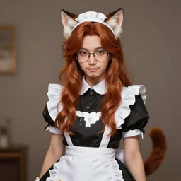 a beautiful cute german guy with very long chestnut! hair, with glasses and short stubble! goatee, fake cat ears, cosplay of a catboy! maid! dress, digital painting, concept art, matte, artgerma and greg rutkowski
