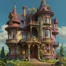 fantasy futuristic victorian atompunk mansion, surreal, sharp details, architectural accents, colorful paint, ( ( ( reflexions on windows ) ) ), volumetric lights, sharp focus, depth of field, octane render, photorealism, 3 d art by disney pixar, studio ghibli, moebius