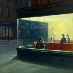 1942 oil on canvas painting by Edward Hopper that portrays Superheroes in a downtown diner late at night as viewed through the diner's large glass window. The light coming from the diner illuminates a darkened and deserted urban streetscape.