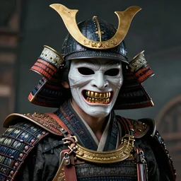 portrait of scary Godlike masked and helmeted samurai in the style of Wallace and Gromit , gold teeth , award winning , post processing , suspenseful , masterpiece , octane rendered