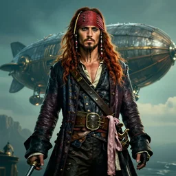 portrait painting of a 3 0 years old rugged masculine male pirate long long hair soft hair crimson hair upper body long coat elegant muscular rugged handsome floating mechanical zeppelin in background, unreal render cinematic lighting art 1 9 2 0 period drama by rutkowski andreas rocha
