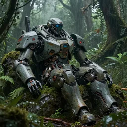 an intricate concept art of a military pilot of giant futuristic robot resting in the rainforest, sci - fi film color palette, concept art, environment design, vfx, unreal engine 5, artstation, deviantart, octane render, wide angle, cinematic