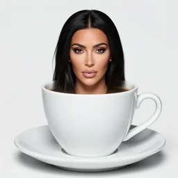 Kim Kardashian's head peeking out of a giant espresso cup