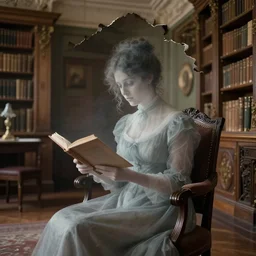 long shot, 1 9 th century photography torn portrait, eerie see - through ghost of a victorian woman reading in a chair, in well - lit art nouveau library room, photorealistic, 8 k