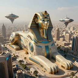 an aerial scene of the beautiful intricate epic futuristic cybernetic sphinx in a cyberpunk pharaoh city, floating ships, hyper detailed, cinematic lighting