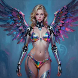 formal portrait of beautiful cybernetic goddess, painted by jesper ejsing. fantasy, sci - fi, neon and chrome bikini, metal wings, terminator, intricate detail, romanticism, vivid color scheme, studio lighting, artstation