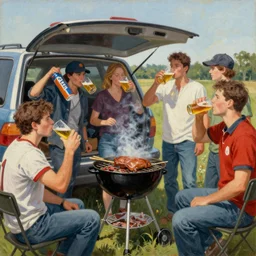 an awesome painting of a group of football fans drinking beer and barbequing at a tailgate party, a picture in the style of Edward Hopper